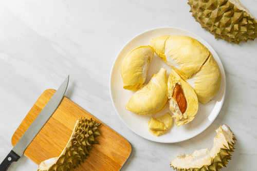 Durian tropical fruit pulp on a plate