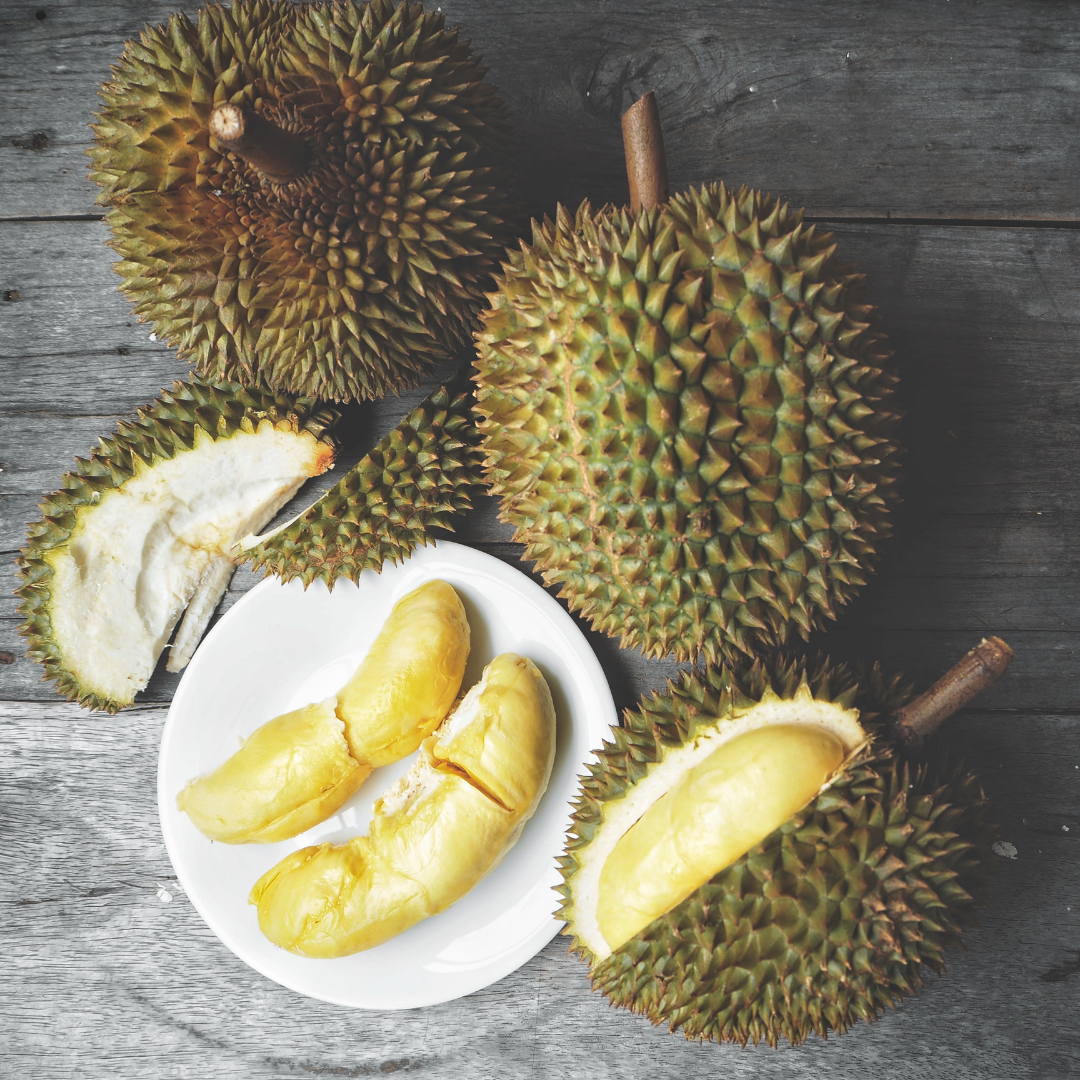 Durian tropical fruit displaying on a table