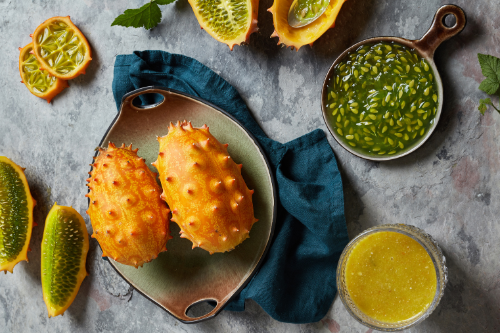 Kiwano melon fruit displaying on a table