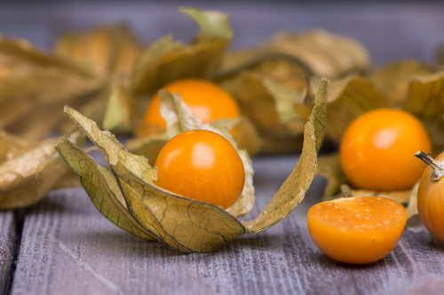 Close-up golden berries, laying on a table