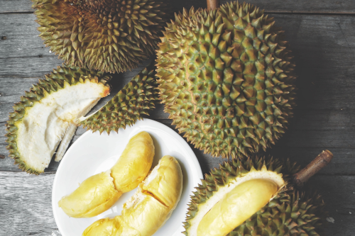 Durian tropical fruit displaying on a table